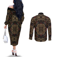 Indonesia Javanese Batik Couples Matching Off The Shoulder Long Sleeve Dress and Long Sleeve Button Shirt Nelson Mandela Madiba Vintage Style - Wonder Print Shop