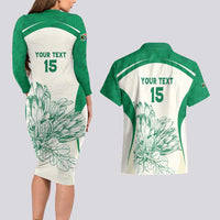 Custom South Africa Cricket Couples Matching Long Sleeve Bodycon Dress and Hawaiian Shirt Protea Fire - Wonder Print Shop
