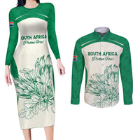 Custom South Africa Cricket Couples Matching Long Sleeve Bodycon Dress and Long Sleeve Button Shirt Protea Fire - Wonder Print Shop