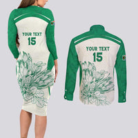 Custom South Africa Cricket Couples Matching Long Sleeve Bodycon Dress and Long Sleeve Button Shirt Protea Fire - Wonder Print Shop
