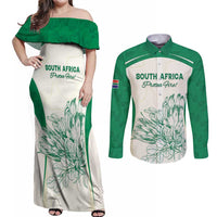 Custom South Africa Cricket Couples Matching Off Shoulder Maxi Dress and Long Sleeve Button Shirt Protea Fire - Wonder Print Shop