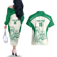 Custom South Africa Cricket Couples Matching Off The Shoulder Long Sleeve Dress and Hawaiian Shirt Protea Fire - Wonder Print Shop