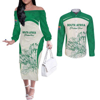 Custom South Africa Cricket Couples Matching Off The Shoulder Long Sleeve Dress and Long Sleeve Button Shirt Protea Fire - Wonder Print Shop