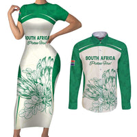Custom South Africa Cricket Couples Matching Short Sleeve Bodycon Dress and Long Sleeve Button Shirt Protea Fire - Wonder Print Shop