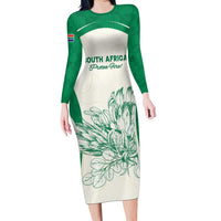 Custom South Africa Cricket Long Sleeve Bodycon Dress Protea Fire - Wonder Print Shop