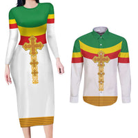 Ethiopia Meskel Couples Matching Long Sleeve Bodycon Dress and Long Sleeve Button Shirt Ethiopian Cross - Wonder Print Shop