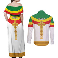 Ethiopia Meskel Couples Matching Off Shoulder Maxi Dress and Long Sleeve Button Shirt Ethiopian Cross - Wonder Print Shop