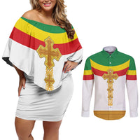 Ethiopia Meskel Couples Matching Off Shoulder Short Dress and Long Sleeve Button Shirt Ethiopian Cross - Wonder Print Shop