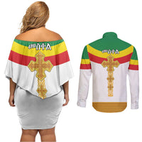Ethiopia Meskel Couples Matching Off Shoulder Short Dress and Long Sleeve Button Shirt Ethiopian Cross - Wonder Print Shop