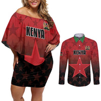 Custom Kenya Football Couples Matching Off Shoulder Short Dress and Long Sleeve Button Shirt Go Harambee Stars - Red Jersey - Wonder Print Shop