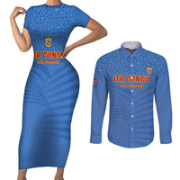 Custom DR Congo Football Couples Matching Short Sleeve Bodycon Dress and Long Sleeve Button Shirt Come On Les Léopards - Wonder Print Shop
