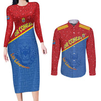 Custom DR Congo Football Couples Matching Long Sleeve Bodycon Dress and Long Sleeve Button Shirt Allez Les Léopards - Wonder Print Shop