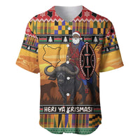 Kenya Safari Christmas Baseball Jersey Black Santa Riding Cape Buffalo - Heri ya Krismasi - Wonder Print Shop