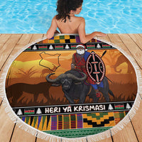 Kenya Safari Christmas Beach Blanket Black Santa Riding Cape Buffalo - Heri ya Krismasi - Wonder Print Shop