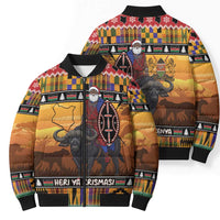 Kenya Safari Christmas Bomber Puffer Jacket Black Santa Riding Cape Buffalo - Heri ya Krismasi - Wonder Print Shop