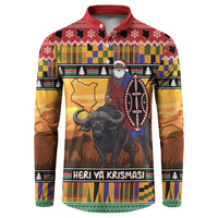 Kenya Safari Christmas Button Sweatshirt Black Santa Riding Cape Buffalo - Heri ya Krismasi - Wonder Print Shop