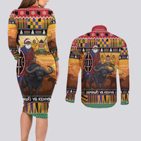 Kenya Safari Christmas Couples Matching Long Sleeve Bodycon Dress and Long Sleeve Button Shirt Black Santa Riding Cape Buffalo - Heri ya Krismasi - Wonder Print Shop