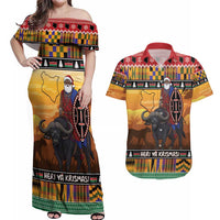 Kenya Safari Christmas Couples Matching Off Shoulder Maxi Dress and Hawaiian Shirt Black Santa Riding Cape Buffalo - Heri ya Krismasi - Wonder Print Shop