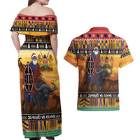 Kenya Safari Christmas Couples Matching Off Shoulder Maxi Dress and Hawaiian Shirt Black Santa Riding Cape Buffalo - Heri ya Krismasi - Wonder Print Shop