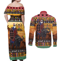 Kenya Safari Christmas Couples Matching Off Shoulder Maxi Dress and Long Sleeve Button Shirt Black Santa Riding Cape Buffalo - Heri ya Krismasi - Wonder Print Shop