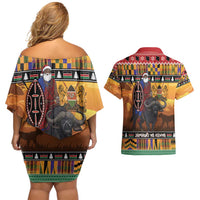 Kenya Safari Christmas Couples Matching Off Shoulder Short Dress and Hawaiian Shirt Black Santa Riding Cape Buffalo - Heri ya Krismasi - Wonder Print Shop