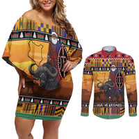 Kenya Safari Christmas Couples Matching Off Shoulder Short Dress and Long Sleeve Button Shirt Black Santa Riding Cape Buffalo - Heri ya Krismasi - Wonder Print Shop