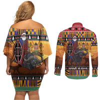 Kenya Safari Christmas Couples Matching Off Shoulder Short Dress and Long Sleeve Button Shirt Black Santa Riding Cape Buffalo - Heri ya Krismasi - Wonder Print Shop