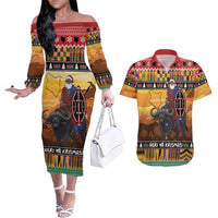 Kenya Safari Christmas Couples Matching Off The Shoulder Long Sleeve Dress and Hawaiian Shirt Black Santa Riding Cape Buffalo - Heri ya Krismasi - Wonder Print Shop