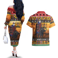 Kenya Safari Christmas Couples Matching Off The Shoulder Long Sleeve Dress and Hawaiian Shirt Black Santa Riding Cape Buffalo - Heri ya Krismasi - Wonder Print Shop