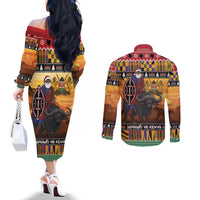 Kenya Safari Christmas Couples Matching Off The Shoulder Long Sleeve Dress and Long Sleeve Button Shirt Black Santa Riding Cape Buffalo - Heri ya Krismasi - Wonder Print Shop