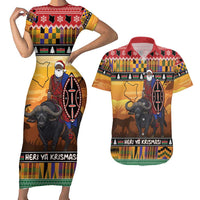Kenya Safari Christmas Couples Matching Short Sleeve Bodycon Dress and Hawaiian Shirt Black Santa Riding Cape Buffalo - Heri ya Krismasi - Wonder Print Shop