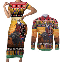 Kenya Safari Christmas Couples Matching Short Sleeve Bodycon Dress and Long Sleeve Button Shirt Black Santa Riding Cape Buffalo - Heri ya Krismasi - Wonder Print Shop