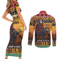 Kenya Safari Christmas Couples Matching Short Sleeve Bodycon Dress and Long Sleeve Button Shirt Black Santa Riding Cape Buffalo - Heri ya Krismasi - Wonder Print Shop