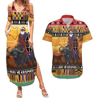 Kenya Safari Christmas Couples Matching Summer Maxi Dress and Hawaiian Shirt Black Santa Riding Cape Buffalo - Heri ya Krismasi - Wonder Print Shop
