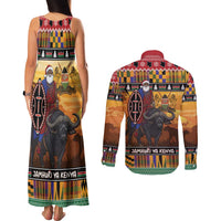 Kenya Safari Christmas Couples Matching Tank Maxi Dress and Long Sleeve Button Shirt Black Santa Riding Cape Buffalo - Heri ya Krismasi - Wonder Print Shop