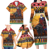 Kenya Safari Christmas Family Matching Long Sleeve Bodycon Dress and Hawaiian Shirt Black Santa Riding Cape Buffalo - Heri ya Krismasi - Wonder Print Shop