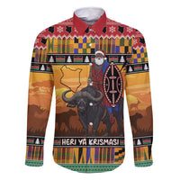 Kenya Safari Christmas Family Matching Off Shoulder Maxi Dress and Hawaiian Shirt Black Santa Riding Cape Buffalo - Heri ya Krismasi - Wonder Print Shop