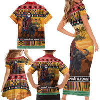Kenya Safari Christmas Family Matching Short Sleeve Bodycon Dress and Hawaiian Shirt Black Santa Riding Cape Buffalo - Heri ya Krismasi - Wonder Print Shop