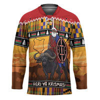 Kenya Safari Christmas Hockey Jersey Black Santa Riding Cape Buffalo - Heri ya Krismasi - Wonder Print Shop