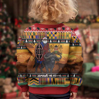 Kenya Safari Christmas Kid Ugly Christmas Sweater Black Santa Riding Cape Buffalo - Heri ya Krismasi - Wonder Print Shop