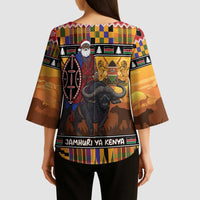 Kenya Safari Christmas Kimono Sleeve Blouse Black Santa Riding Cape Buffalo - Heri ya Krismasi - Wonder Print Shop