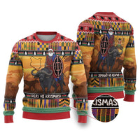 Kenya Safari Christmas Ugly Christmas Sweater Black Santa Riding Cape Buffalo - Heri ya Krismasi - Wonder Print Shop