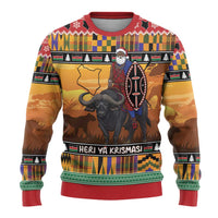 Kenya Safari Christmas Ugly Christmas Sweater Black Santa Riding Cape Buffalo - Heri ya Krismasi - Wonder Print Shop