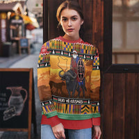 Kenya Safari Christmas Ugly Christmas Sweater Black Santa Riding Cape Buffalo - Heri ya Krismasi - Wonder Print Shop