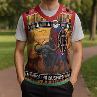 Kenya Safari Christmas Knitted V-Neck Vest Black Santa Riding Cape Buffalo - Heri ya Krismasi - Wonder Print Shop