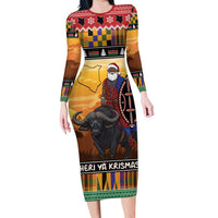 Kenya Safari Christmas Long Sleeve Bodycon Dress Black Santa Riding Cape Buffalo - Heri ya Krismasi - Wonder Print Shop