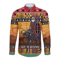 Kenya Safari Christmas Long Sleeve Button Shirt Black Santa Riding Cape Buffalo - Heri ya Krismasi - Wonder Print Shop