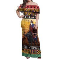 Kenya Safari Christmas Off Shoulder Maxi Dress Black Santa Riding Cape Buffalo - Heri ya Krismasi - Wonder Print Shop