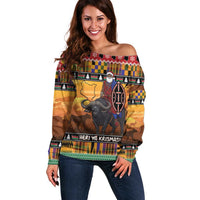 Kenya Safari Christmas Off Shoulder Sweater Black Santa Riding Cape Buffalo - Heri ya Krismasi - Wonder Print Shop