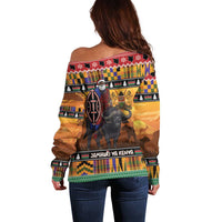 Kenya Safari Christmas Off Shoulder Sweater Black Santa Riding Cape Buffalo - Heri ya Krismasi - Wonder Print Shop